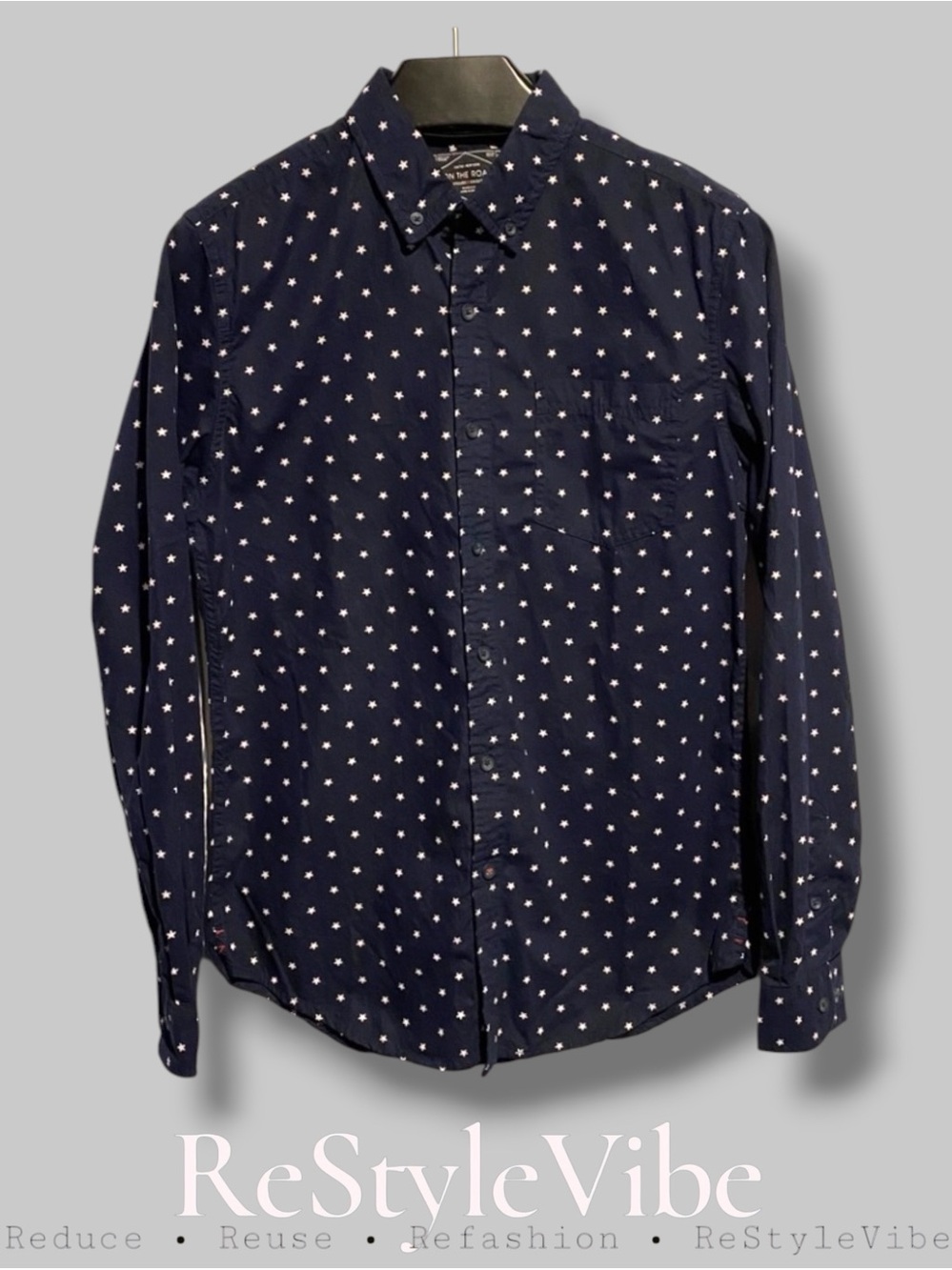 On The Road Men’s Size S Button Down Shirt Slim Fit Long Sleeve Navy Stars USA